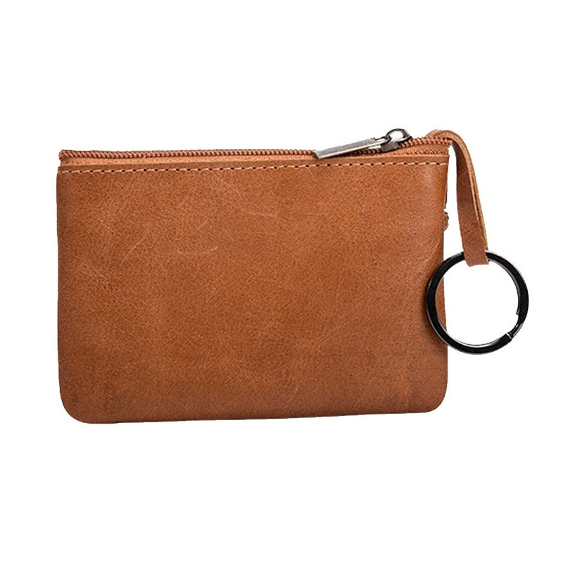 Hibate Brown Small Leather Coin Purse Change Pouch for Women Men Kids with Zip Key Ring - Image 2